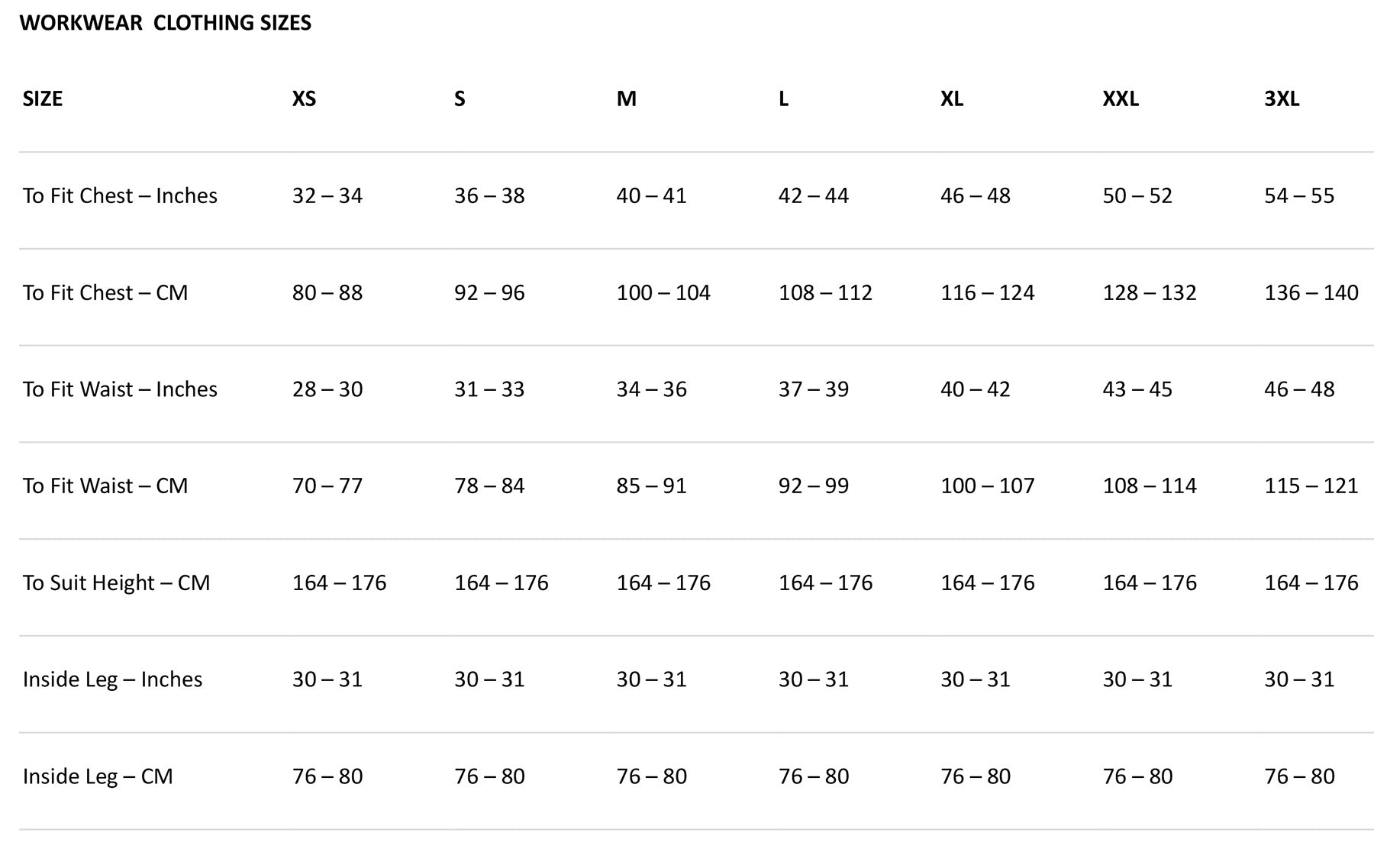 Workwear Size Guide – Shire Agricultural